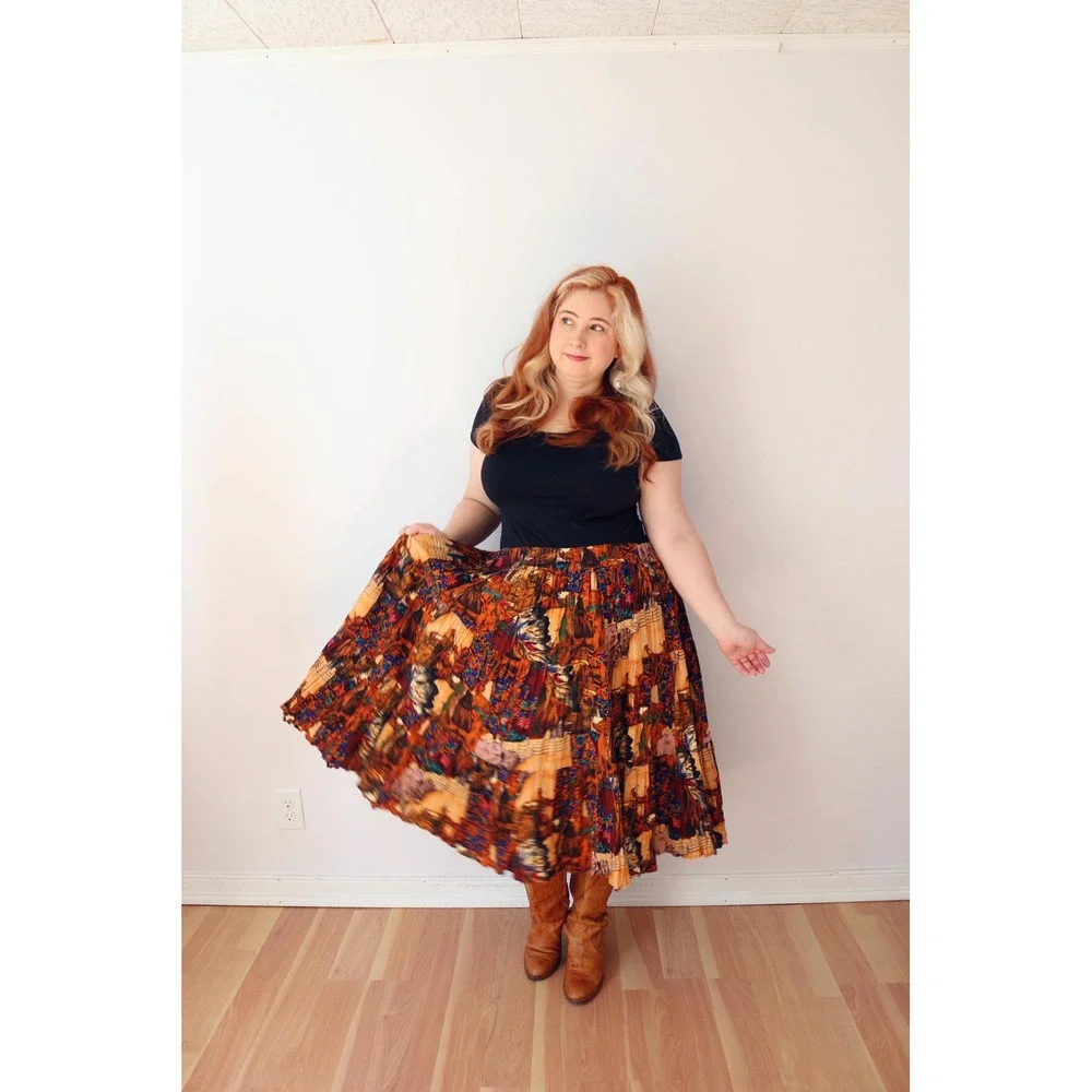 Vintage Western Novelty Print Broomstick Skirt Brown Multi Tiered Pleated Midi - Picture 3 of 9